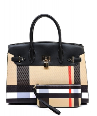 Plaid Check Print Pad-lock 2-in-1 Satchel BT2699 BLACK
